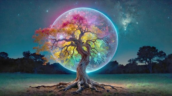 Un arbre aux branches tordues et aux feuilles multicolores se dresse dans un champ, la nuit, entouré d'un dôme lumineux et translucide, sous un ciel étoilé, tandis que des formations insolites se dessinent vaguement au loin.