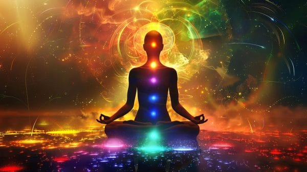 Une personne en position de lotus médite, avec sept chakras colorés alignés sur son corps, entourés de motifs lumineux vibrants et abstraits.